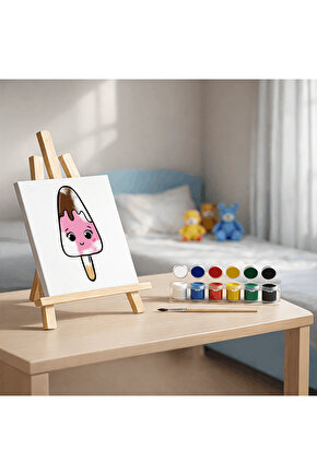 Çocuklar İçin Tuval Boyama Seti (Tuval, Fırça ve 6 Renk Akrilik Boya Seti) 20x20 Cm