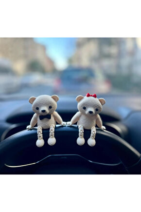 Sevimli Ayı Çifti 2li Set Beyaz Ayıcık Torpido Süsü