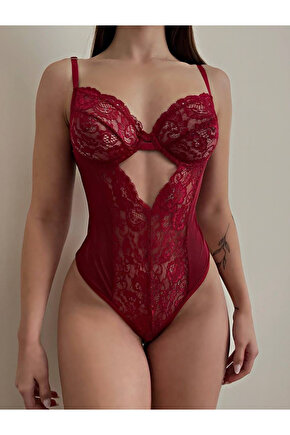 Bordo Derin Dekolteli Transparan Dantelli Bodysuit - Romantik & Şık