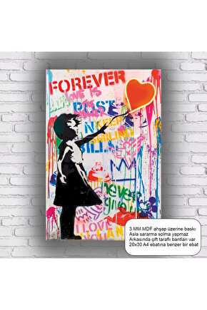 kalpli balonlu kız grafiti bansky pop art mdf tablo retro ahşap poster