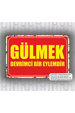 gülmek devrimci bir eylemdir anlamlı güzel sözler duvar yazıları retro ahşap poster mdf tablo