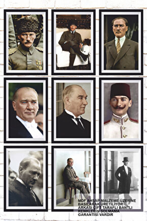 9 Parça Karışık Ahşap Tablo Seti Mustafa Kemal Atatürk çerçeve görünümlü poster seti