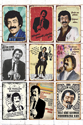 9 Parça Karışık Yazılı Ahşap Tablo Seti arabesk müzik müslüm gürses müslüm baba posterleri