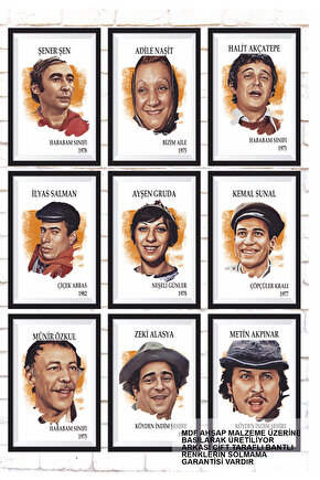 9 Parça Karışık Yazılı Ahşap Tablo Seti yeşilçam türk sinemasının komedyenleri serisi posterleri