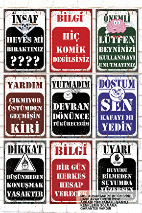 9 Parça Karışık Yazılı Ahşap Tablo Seti komik asabi sinirli atarlı duvar yazıları sözleri posterleri