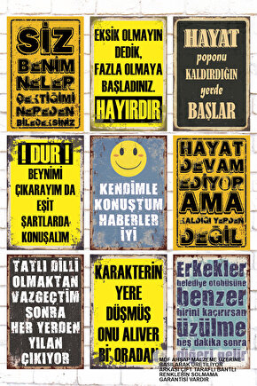 9 Parça Karışık Yazılı Ahşap Tablo Seti cesaret verici motivasyon komik esprili duvar yazıları