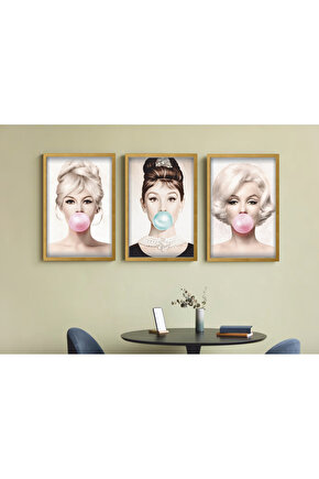 3 parça çerçeve görünümlü mdf tablo seti myrlin monroe audrey hepburn nostaljik sinema