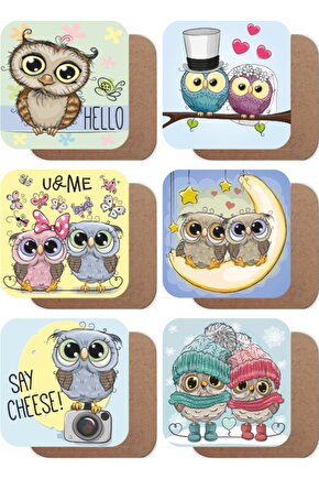 Aşık Baykuşlar 6lı Ahşap Bardak Atlığı Seti