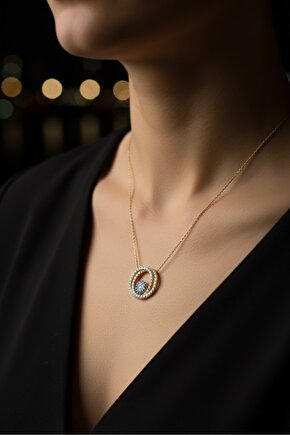 Taşlı Halka Sarı Kolye