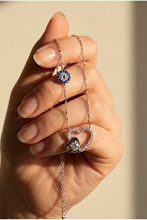 Tek Taşlı Çift Kalpli Kolye