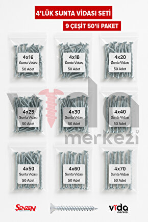 Ağaç Ve Sunta Vidası Seti – 450 Vida  9 Boy (16-70 MM) 4 ÇAP