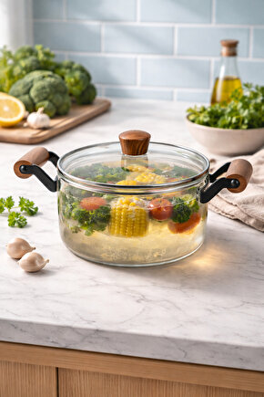 Akasya Kapaklı Cam Tencere – Isıya Dayanıklı Borosilikat Cam, Şık ve Sağlıklı Pişirme