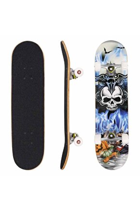 Kaykay Zımparalı Üst Yüzey Silikon Tekerli Akağaç Ahşap Kaykay Kurukafa Desenli