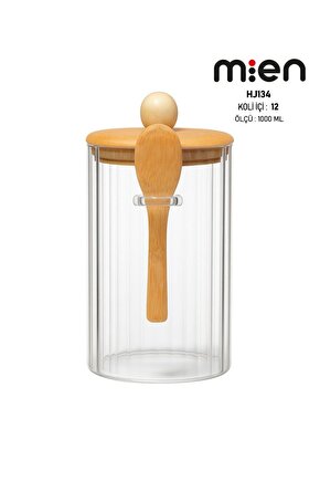 Kaşıklı Cam Kavanoz-1000ml , Çok Amaçlı Kavanoz, Vakumlu bambu kapak
