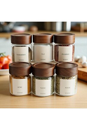 6lı Akasya Kapaklı Yuvarlak cam baharatlık 240 ml baharatlık ( 12 adet etiketi ile birlikte)