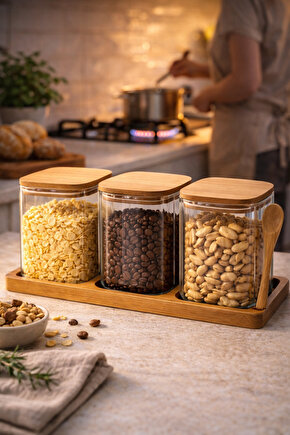750 ml Kapaklı Akasya Standlı Kaşıklı 3’lü Cam Kavanoz Seti Kahvaltılık  Kuruyemiş  Kahve Saklama