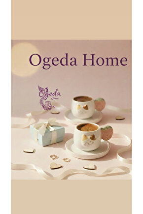 Kedi Figürlü 2’li Fincan Seti–Çilek Kulplu Seramik Kahve Fincanı Seti– Hediye Fincan Takımı