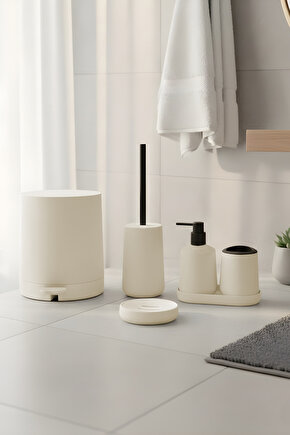 Mat Krem 5 Parça Yuvarlak Banyo Seti – Kovası, Tuvalet Fırçası, Sıvı Sabunluk