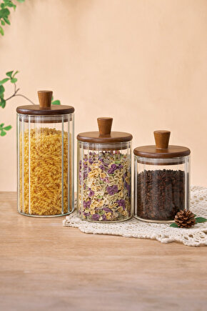 Ahşap Kapaklı 3’lü Cam Kavanoz Seti 1160 ml + 860 ml + 600 ml | Mutfak Saklama Kavanozu