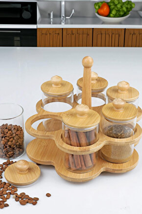 Bambulu 6’lı Cam Baharatlık Seti – Kapaklı & Standlı Döner Düzenleyici