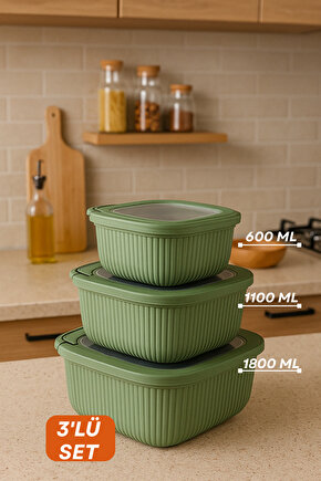 3lü Renkli Kilitli Kapaklı Saklama Kabı Difrize Mikrodalga ve Buzdolabı Uyumlu Düzenleyici