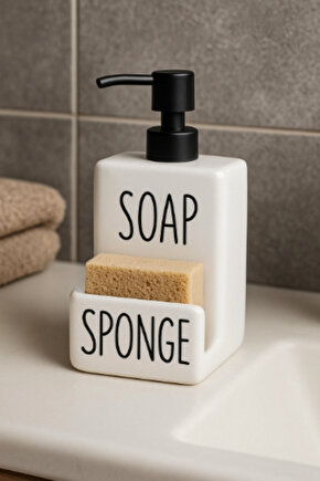 Siyah Pompalı Sıvı Sabunluk Süngerlik Seti Şık Tasarımlı Seramik Sıvı Sabunluk Modern ve Fonksiyonel