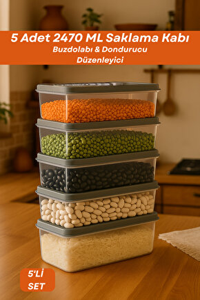 5li Buzdolabı Organizer Set Düzenleyici Saklama Kabı Derin ve Sığ Mikrodalga Difriz Kabı Antrasit