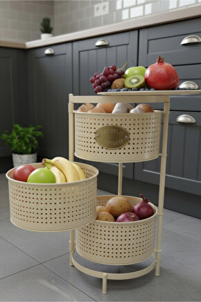 3 Katlı Tepsili Metal Sebzelik Açılır Metal Patates Soğan Meyvelik Sepeti Rafı Krem