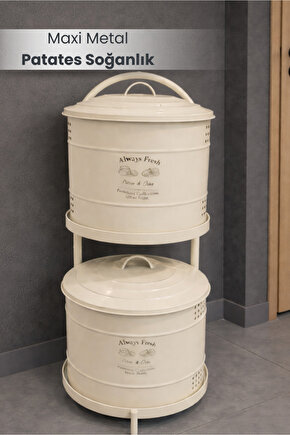 Krem Maxi Metal Patates Soğanlık Dev Boy Patates Soğan Saklama Kovası Sebzelik