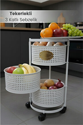 3 Katlı Tekerlekli Tepsili Kule Sebzelik Açılır Metal Patates Soğan Meyvelik Sepetli Raf BEYAZ