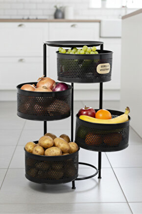 4 Katlı Tepsili Metal Sebzelik Açılır Metal Patates Soğan Meyvelik Sepeti Rafı Siyah