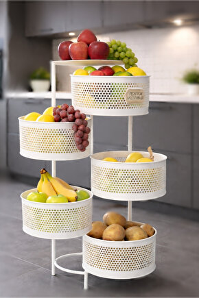 Metal Sebzelik 5 Katlı Tepsili Açılır Metal Patates Soğan Meyvelik Sepeti Rafı Beyaz