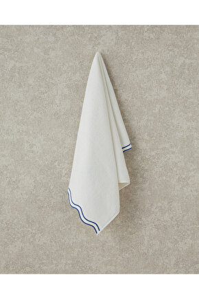 Retro Waves Pamuklu Nakışlı Yüz Havlusu Ekru - Mavi