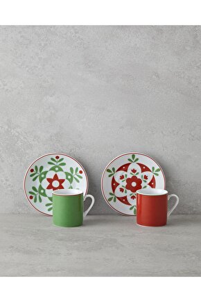 Vivy Porselen 4 Parça 2 Kişilik Kahve Fincan Takımı 80 ml Bordo-Yeşil