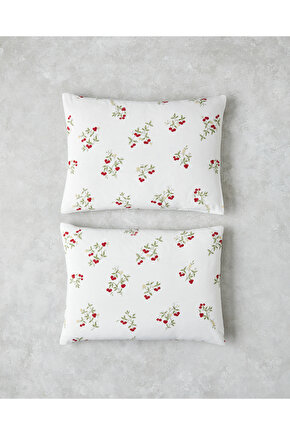 Cherry Blossom Kolay Ütülenir 2li Yastık Kılıfı 50x70 cm Beyaz - Kırmızı
