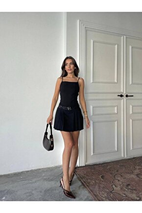 Sırt Dekolteli Kemerli Pileli Etek Likralı Mini Elbise