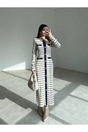Kadın Çizgi Desen Maxi Triko Elbise