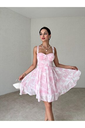 Gloplu Kalın Askılı Pile Etek Mini Şifon Pembe Elbise