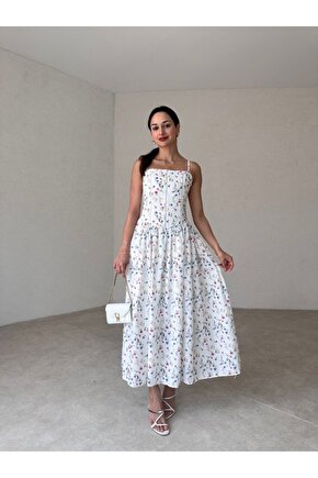 Desenli Askılı Korse Formlu Beyaz Uzun ELbise