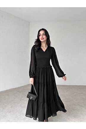 V Yaka Astarlı Beli Lastikli Şifon Kumaş Uzun Boy Siyah Elbise