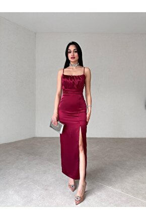 YIRTMAÇ DETAYLI ASKILI SATEN ELBİSE