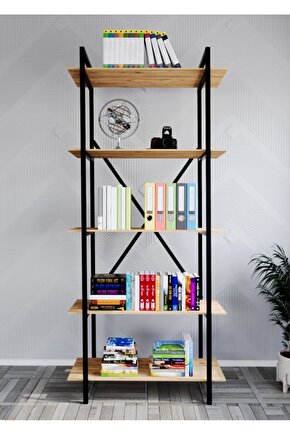 Metal Kitaplık 5 Raflı Çok Amaçlı Dosya Kitap Rafı Ofis Salon Atlantik Çam Raf