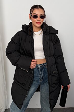 Kadın Kapüşonlu Uzun Şişme Mont – Su Geçirmez Oversize Kışlık, Cepli Fermuarlı