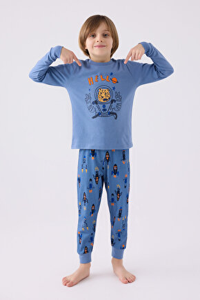 Erkek Çocuk Mavi Uzun Kol Pijama Takım