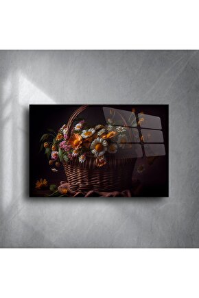 Rustik Hasır Sepette Papatya ve Bahar Çiçekleri Kanvas Cam Tablo