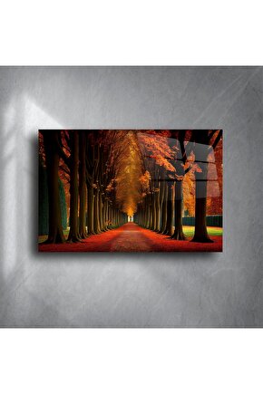Kırmızı Yapraklı Ağaç Tüneli Cam Tablo