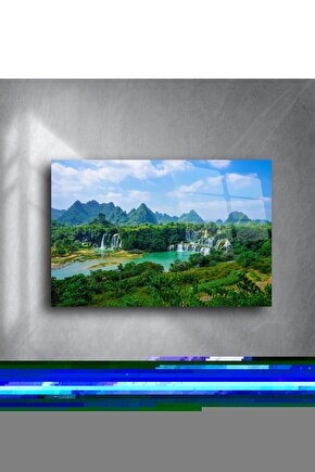 Tropikal Şelale Manzaralı Cam Tablo