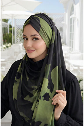 Haki Siyah Desenli Hazır Şal