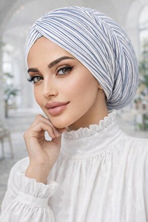 Beyaz Mavi Çizgili Büzgülü Salaş Bone