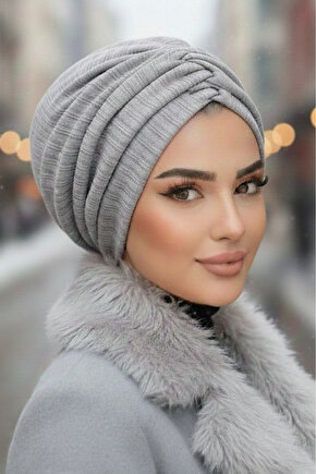 Beyaz Gri Kışlık Büzgülü Bone